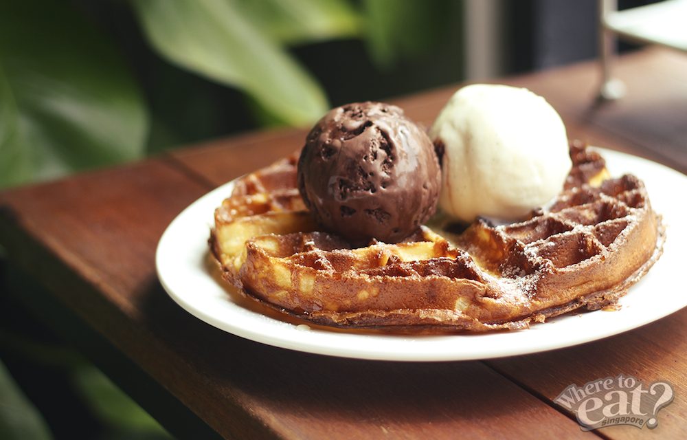Buttery and airy Buttermilk Waffle with choice of ice-cream