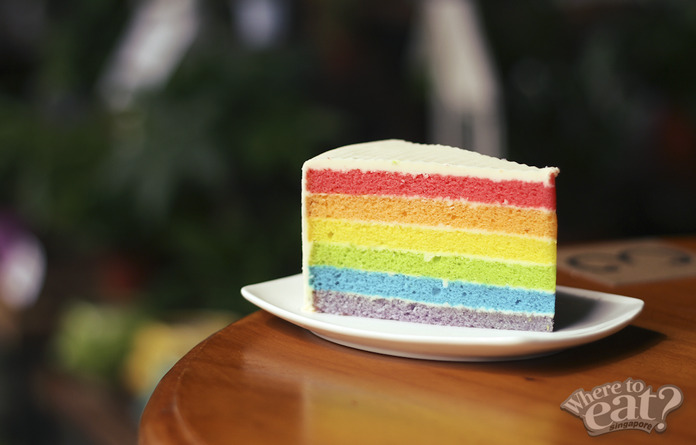 A rainbow cake is a rainbow cake, no matter where it's served.