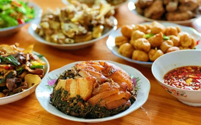 Spread of Chinese dishes for a family meal